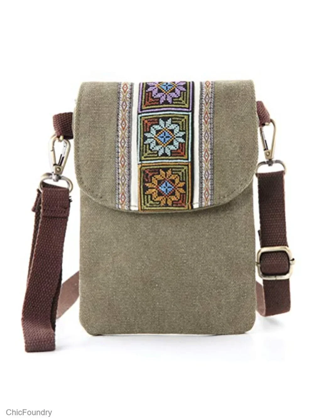 Canvas Embroidered Flip Crossbody Cell Phone Pouch Wristlet Wallet